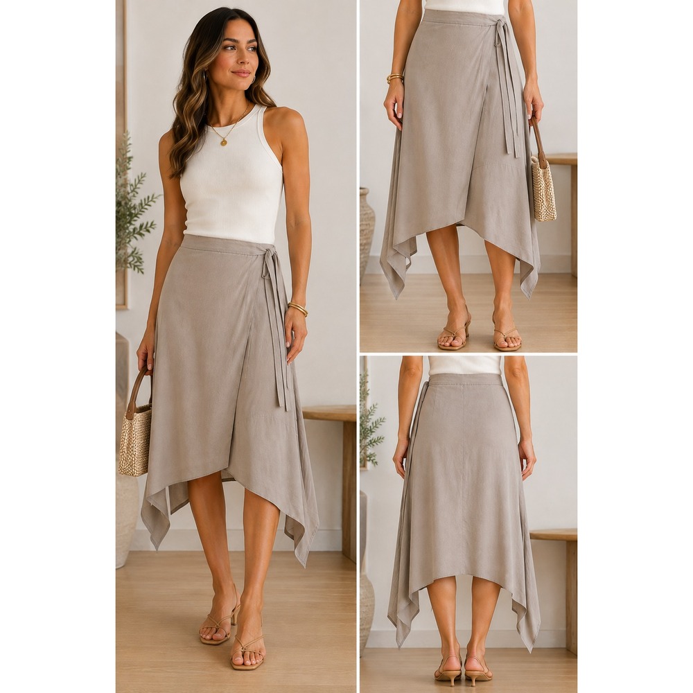 BCBGMAXAZRIA Claire Size S Taupe Linen Blend Wrap Handkerchief Midi Skirt NWT